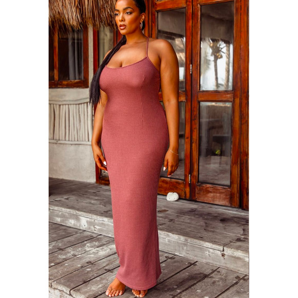 Prettylittlething Plus Rose Waffle Knit Maxi Beach Dress US Size 16 NWT - Picture 3 of 6